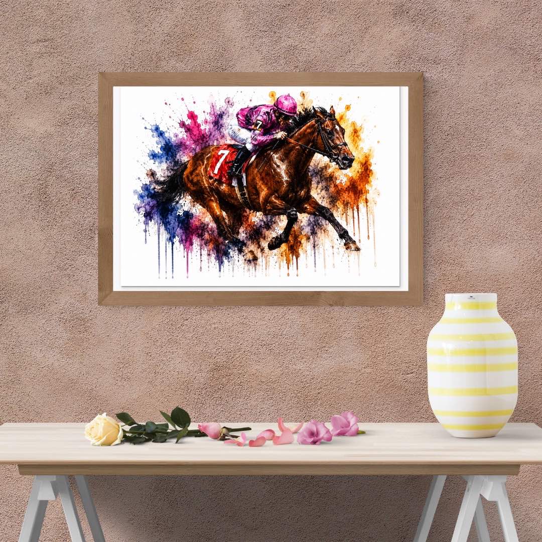 A4 jockey and horse watercolour dripping art print