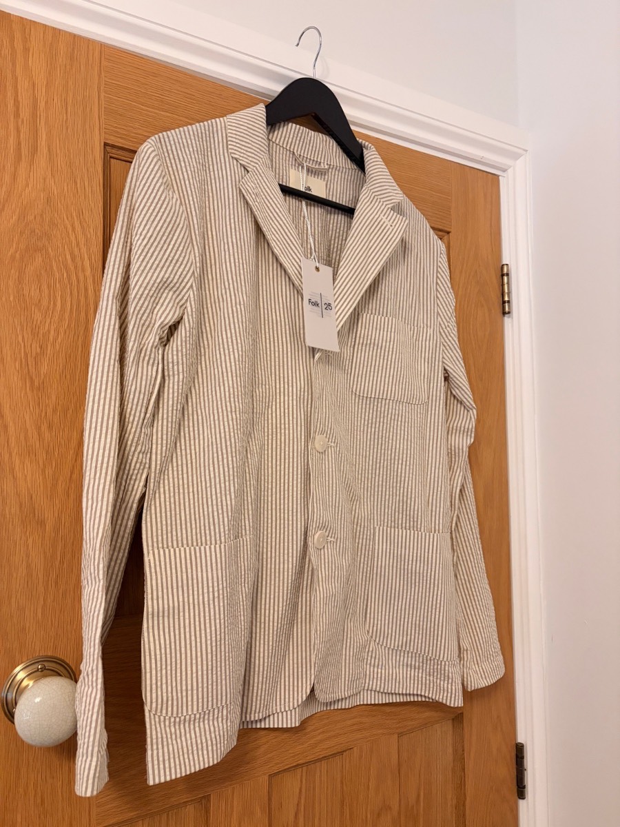 Folk Seersucker 3 BTN Blazer Cappuccino Stripe Size S Small Mens Cotton Jacket