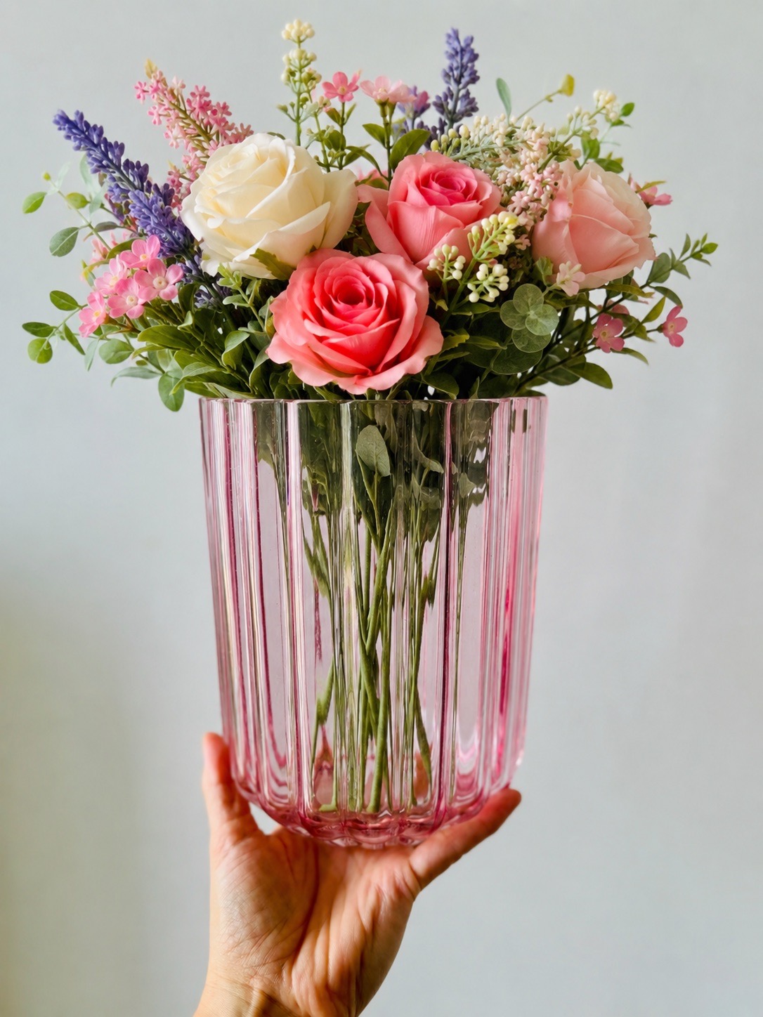 Medium Scalloped Glass Clear Rose Pink Decorative Vase