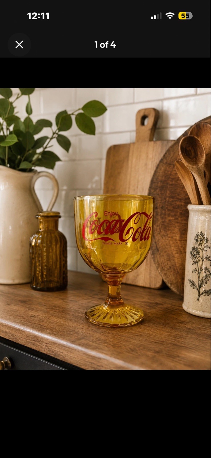 Vintage 70’s Amber Glass Coca Cola Glass Goblets With Iconic Red Script Text