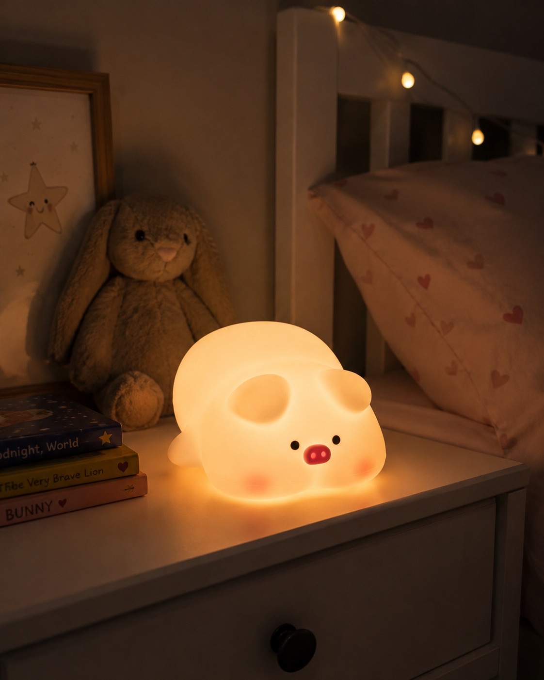 Rose pink rechargeable silicone three touch pig nightlight
