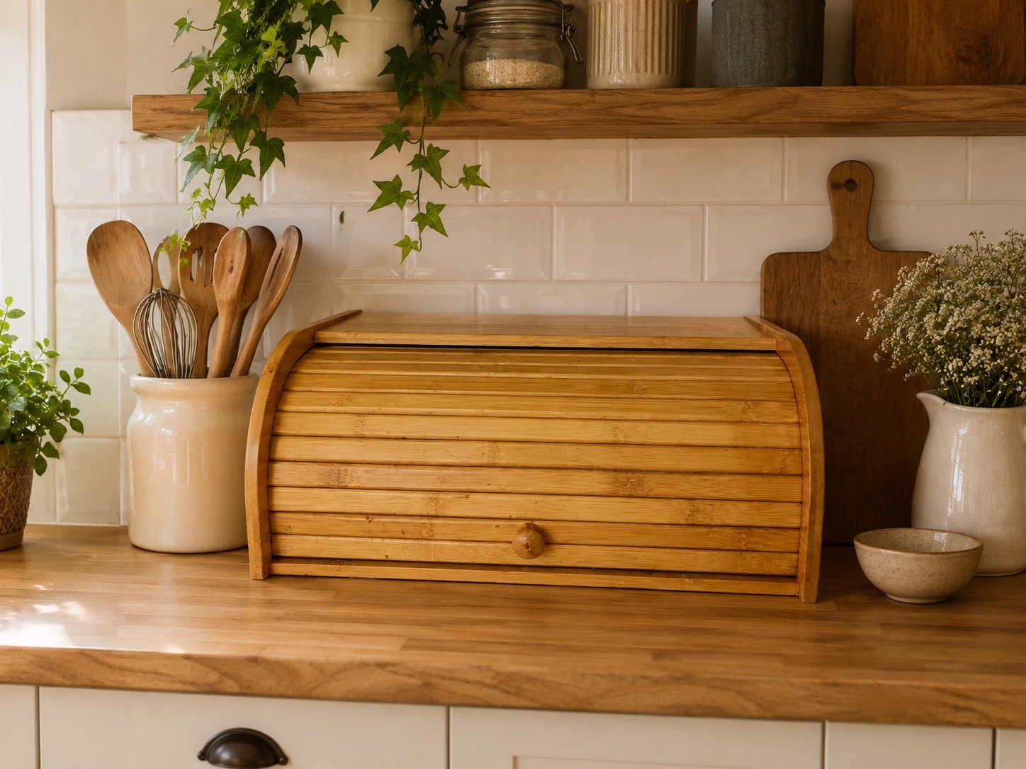 Wooden cottage core style large toll top bread bin