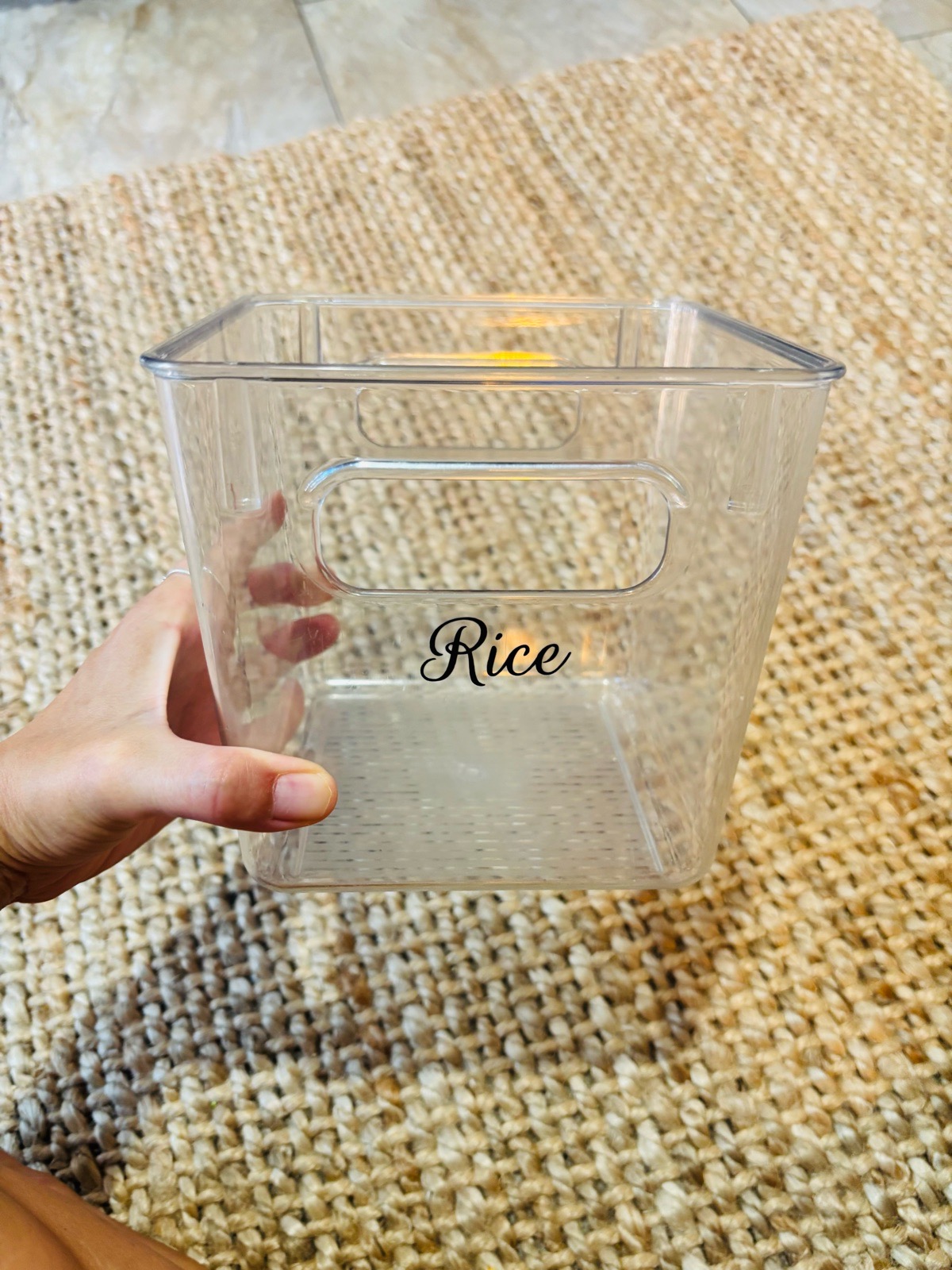 Small square labeled food storage container