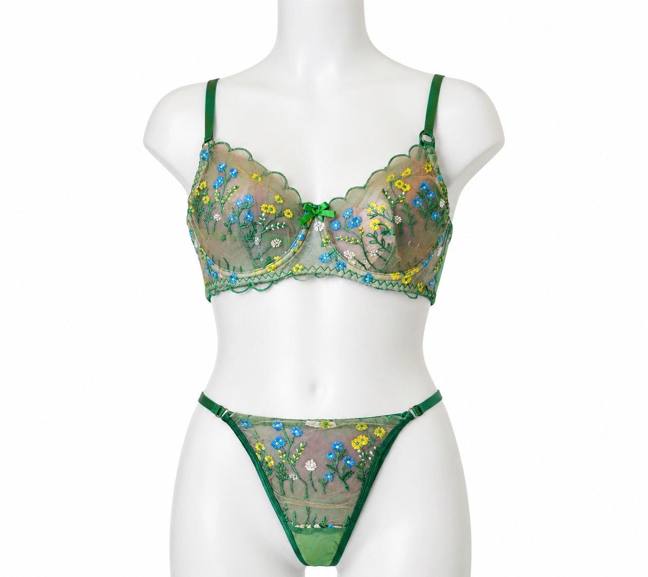 Size M brand new green floral sheer underwear set