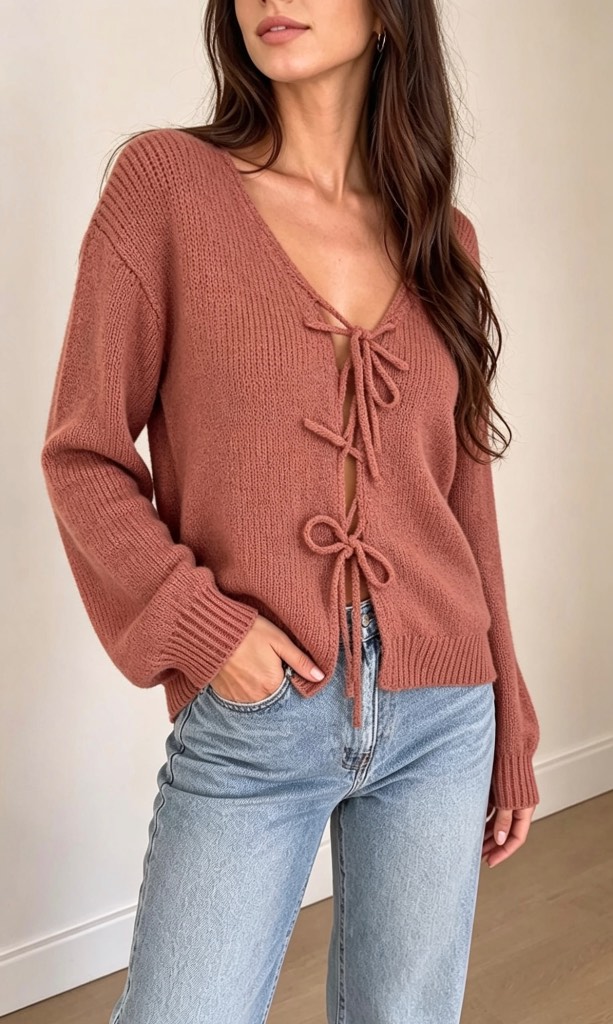 Browny pink tie up bow cardigan