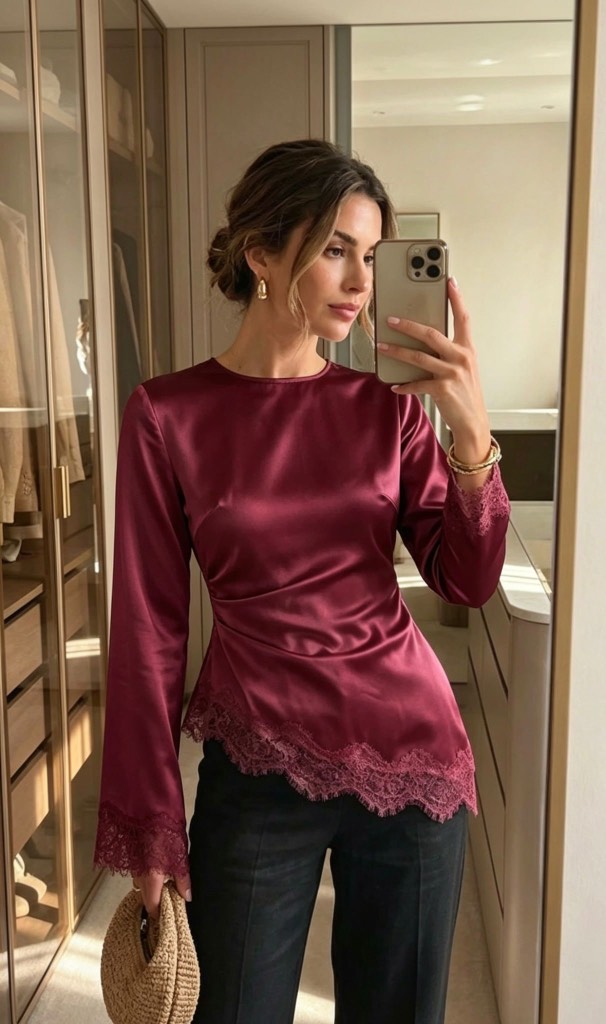 Burgundy wine lace asymmetrical trim top