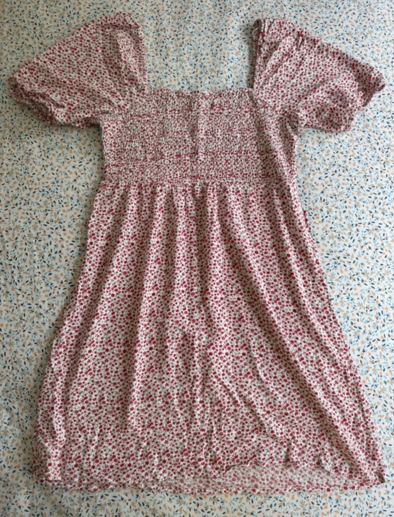 White and red/pink floral print dress with short sleeves.