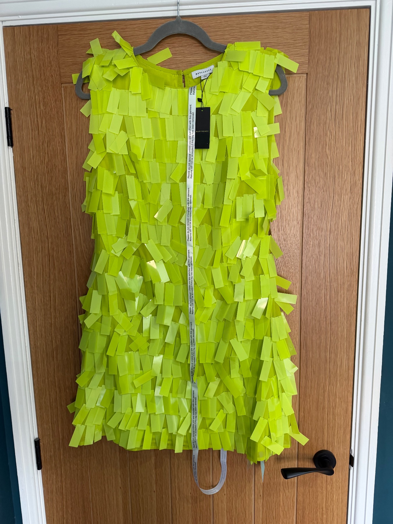Warehouse Lime Green Fringe Sequin Shoulder Mini Dress BNWT 8
