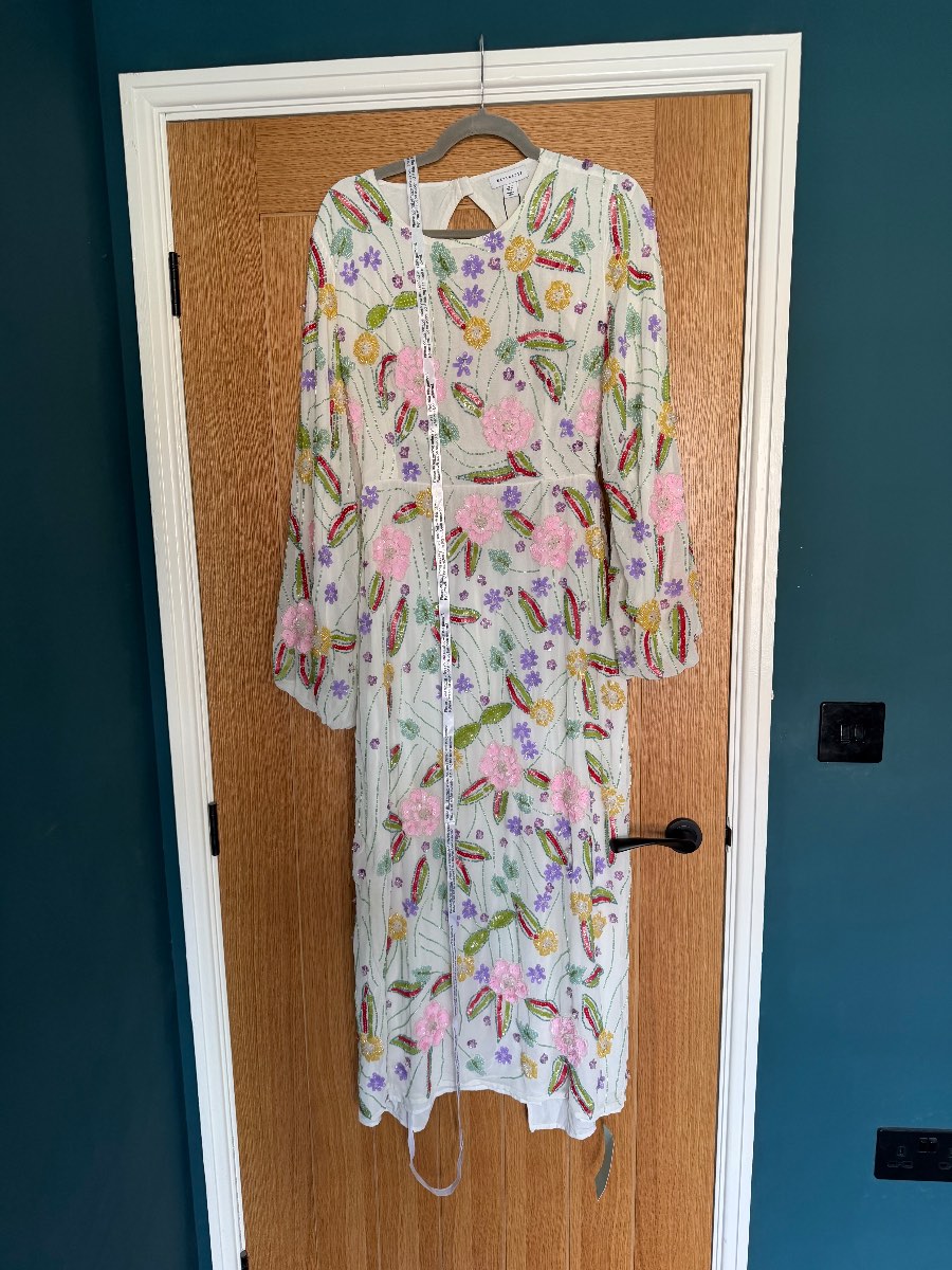 Warehouse Embellished Long Sleeve Midi Dress – Floral Sequin – UK 14 BNWT