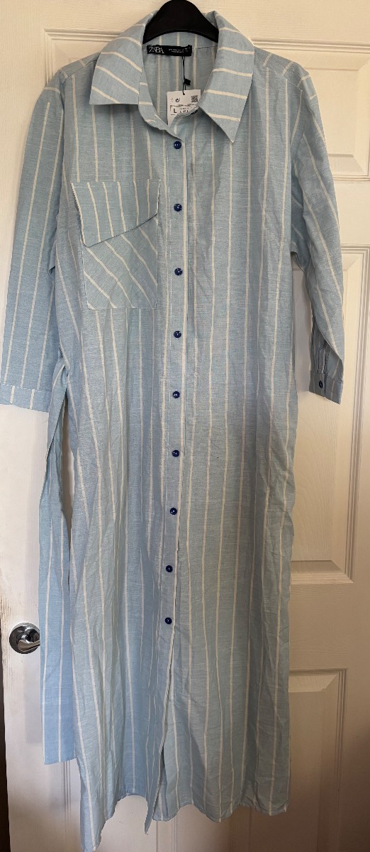 Zara light blue cotton maxi shirt dress size L uk 12 BNWT