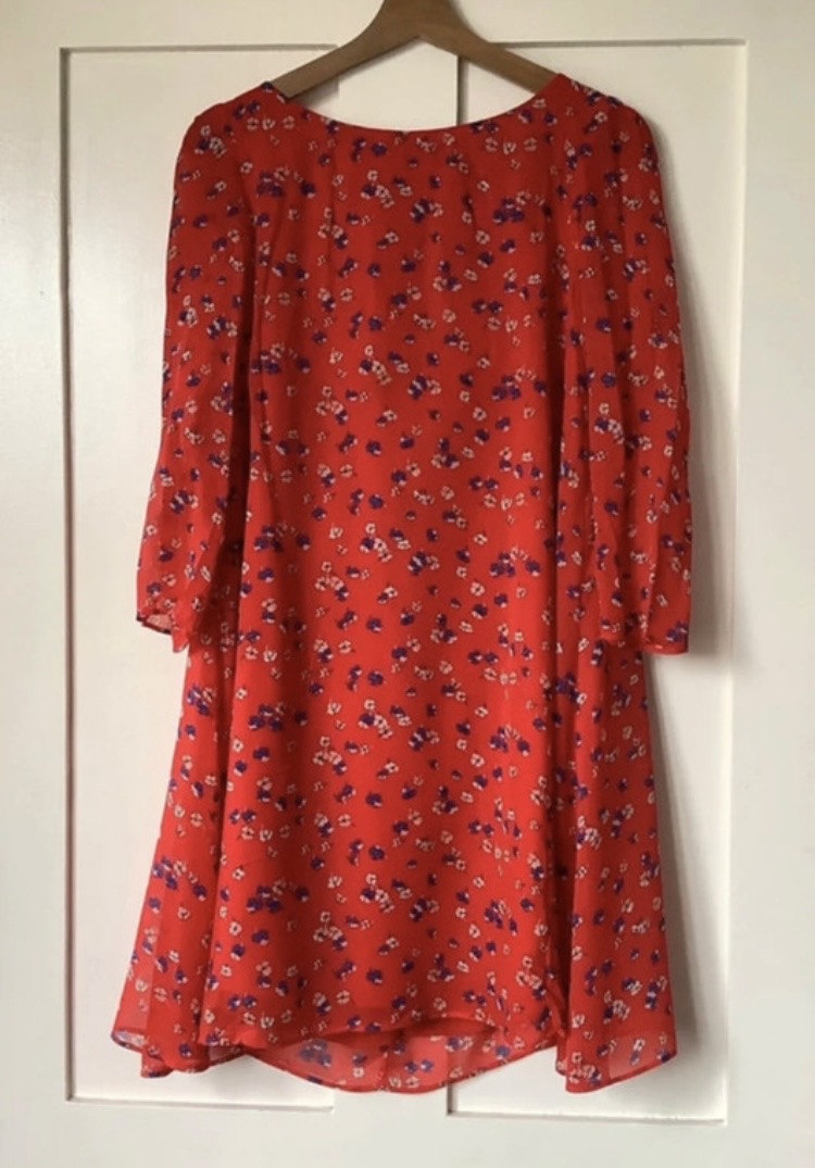 Claudie Pierlot red floral wildflower high neck 3/4 sleeve crepe shift dress size FR36 UK 8.