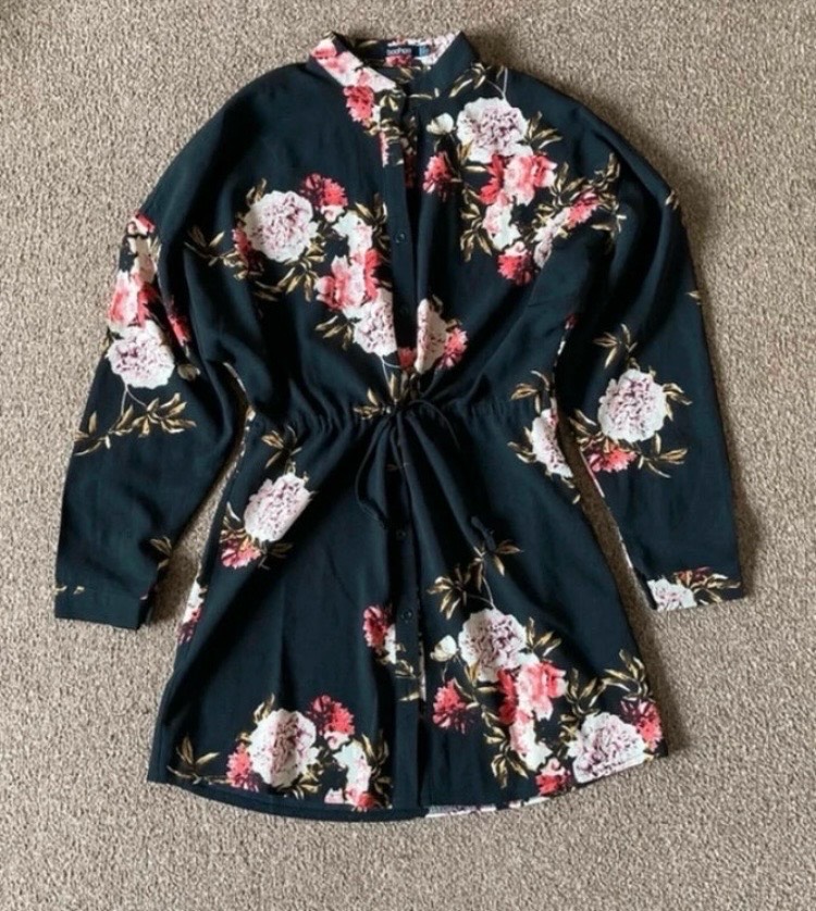 Boohoo black & pink floral button front long sleeve shirt dress size 10.