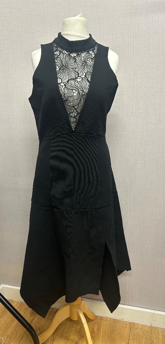 Anthropologie Black Lace Inset High Neck Asymmetric Midi Dress Size M Party Evening