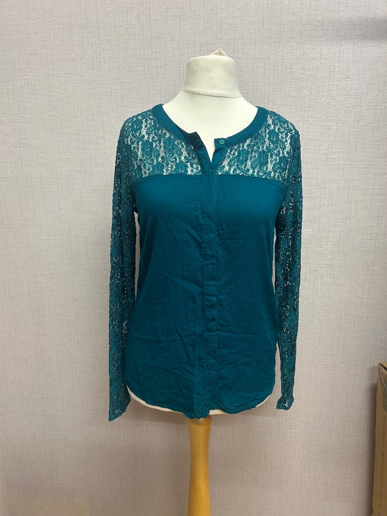 Fransa Teal Green Lace Top Size S | Long Sleeve Viscose Blouse with Floral Lace Yoke & Sleeves