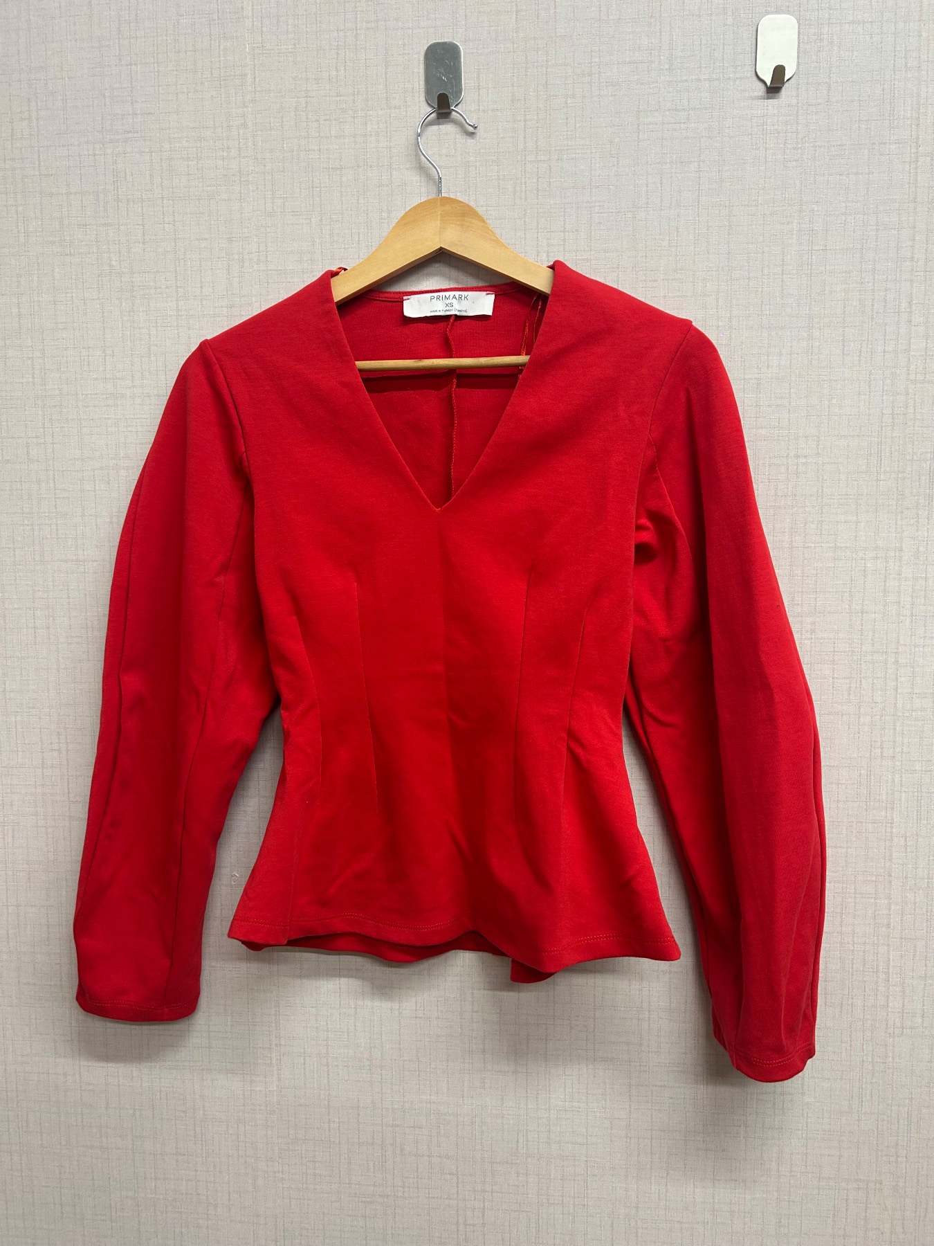 Primark Womens Red Long Sleeve Peplum Top Deep V-Neck Fitted Stretch Jersey XS