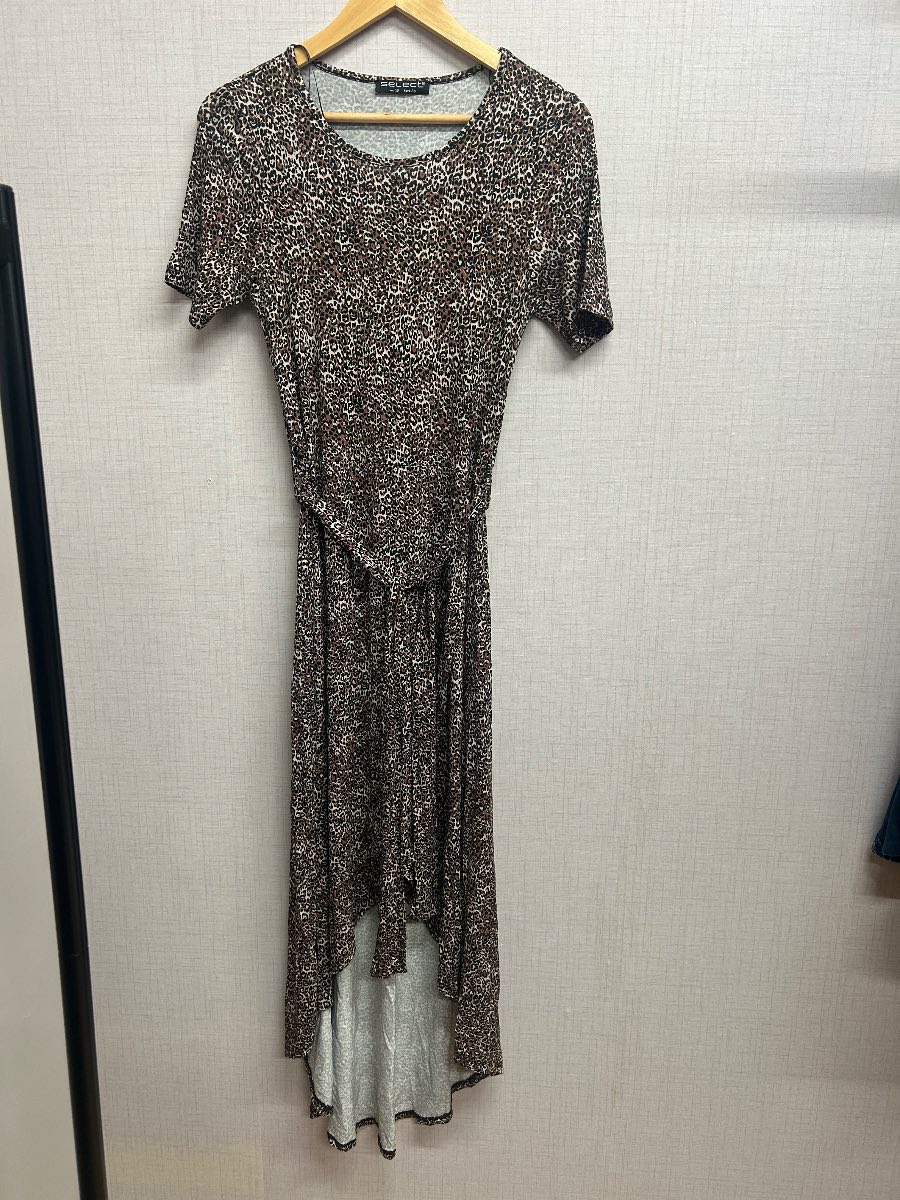 Select Women’s Leopard Animal Print High Low Dip Hem Dress Belted UK 10 EU 38