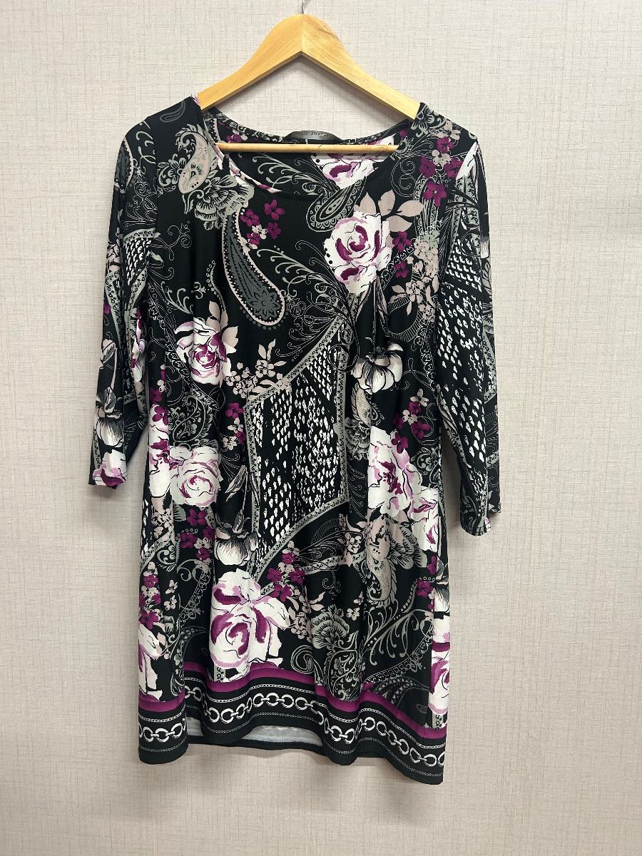 David Emanuel Dress Size 14 Womens Black Purple Floral Paisley Shift Tunic 3/4 Sleeve