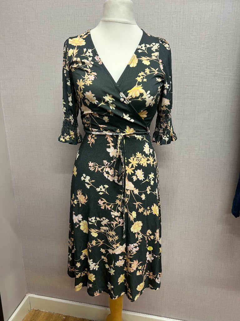 French Connection grey Floral faux Wrap Midi Dress - Size UK 8 (XS)