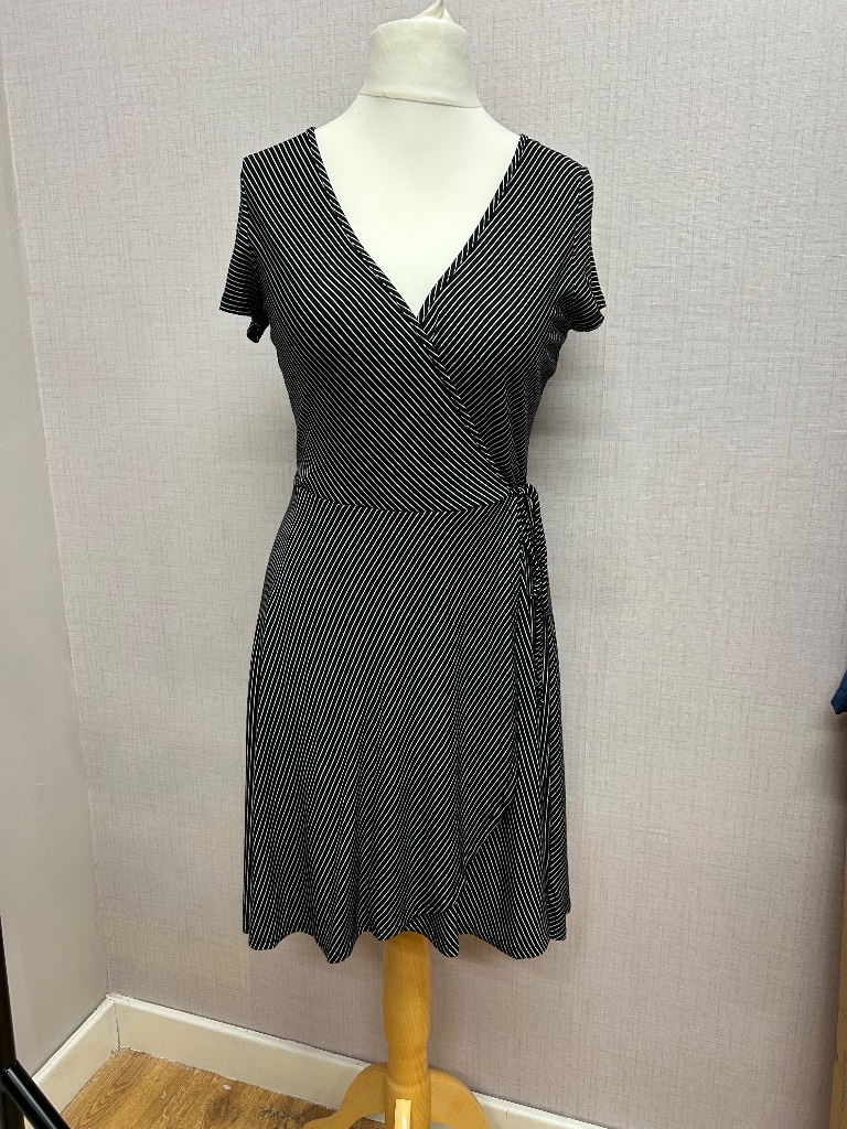 Soprano Black & White Striped faux Wrap Dress - Size M