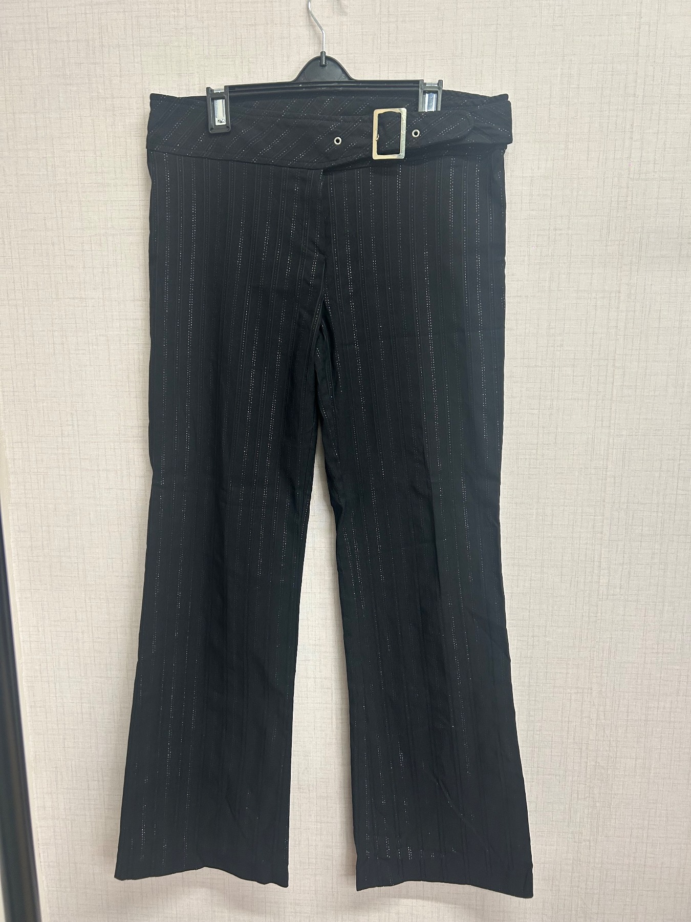 Amaranto Black Pinstripe Trousers Smart Wide Leg Belted Buckle Womens Size 14 L30