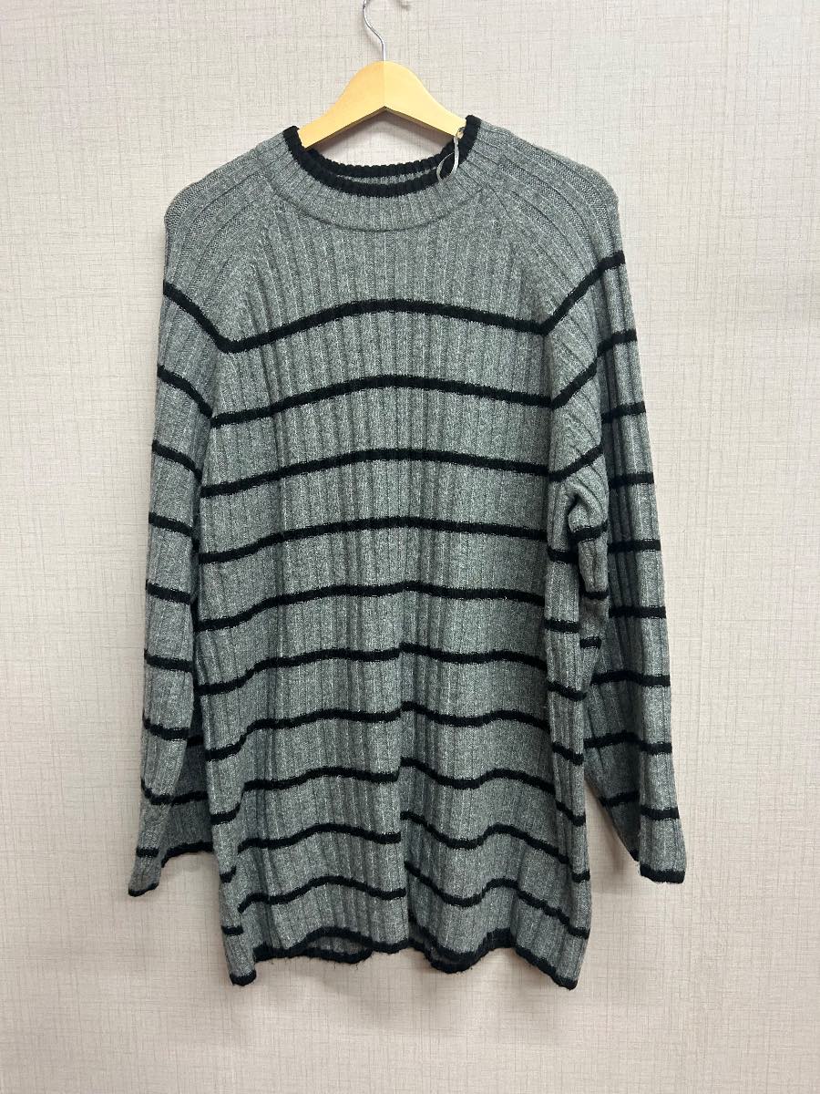New Look Womens Jumper Size L Grey Black Striped Ribbed Knit Crew Neck Sweater
