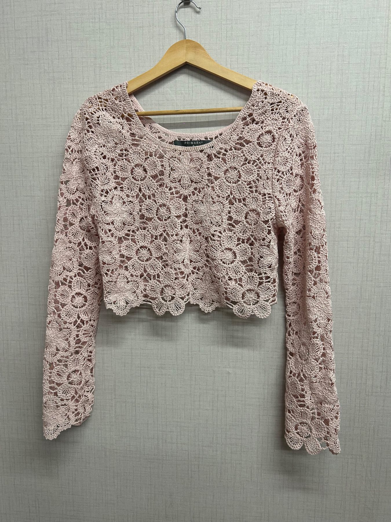 Primark Pink Floral Crochet Lace Crop Top Long Sleeve Summer Festival Size S