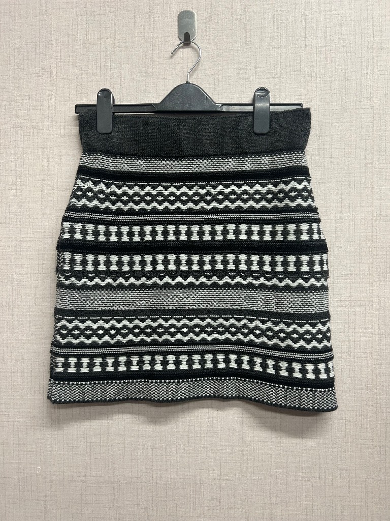 George Black White Knit Fairisle Mini Skirt Size UK 14 Patterned Winter Fall Boho