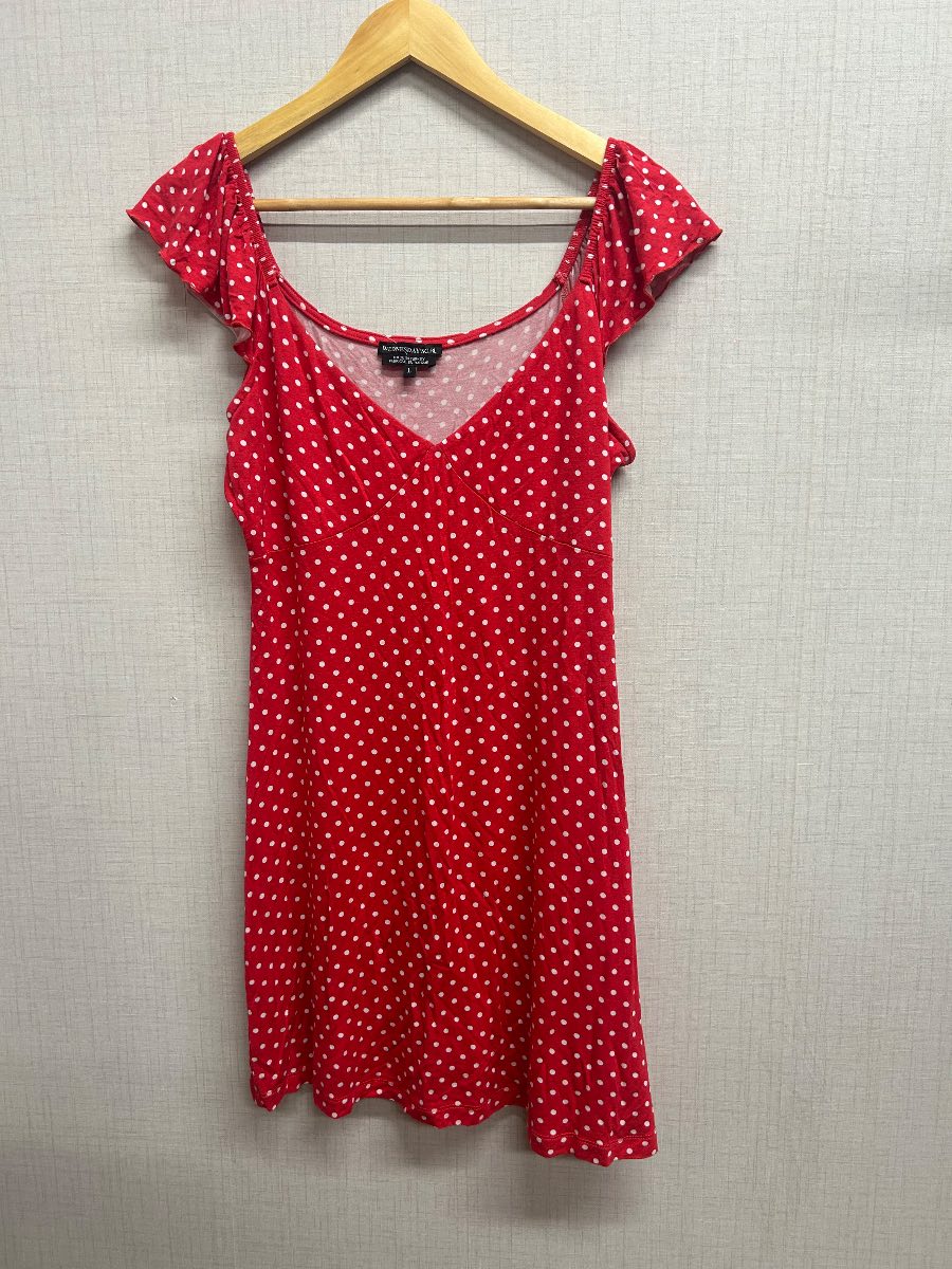 Wednesday's Girl Red Polka Dot Dress Ruffle Sleeve V-Neck Size L Retro Summer