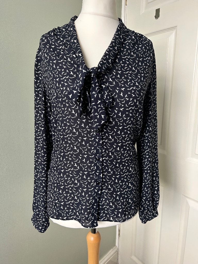 Laura Ashley Tie-Neck Bird Print Blouse - Size 10 (Excellent Condition!)
