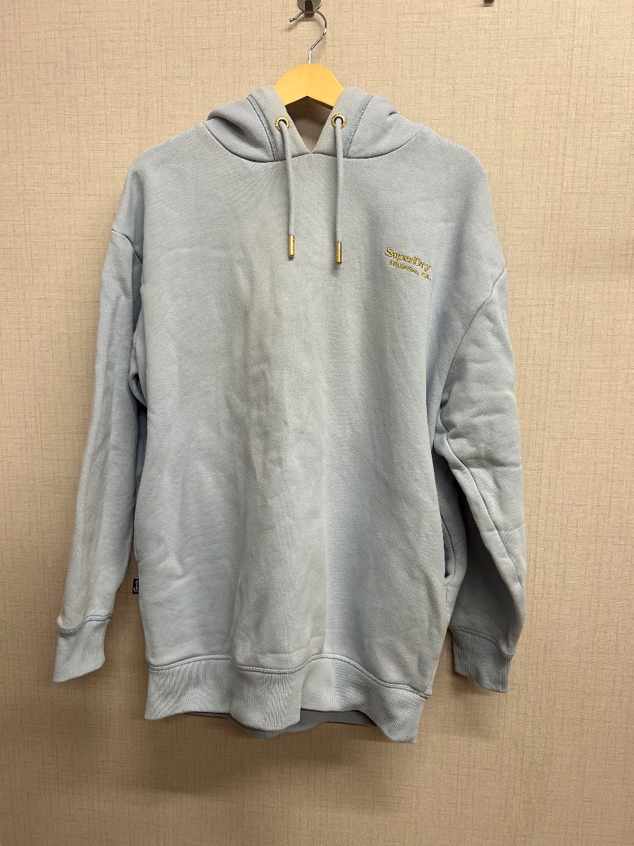 Superdry Womens Hoodie Light Blue Vintage Sweat Pullover Embroidered Gold Sz 10 12