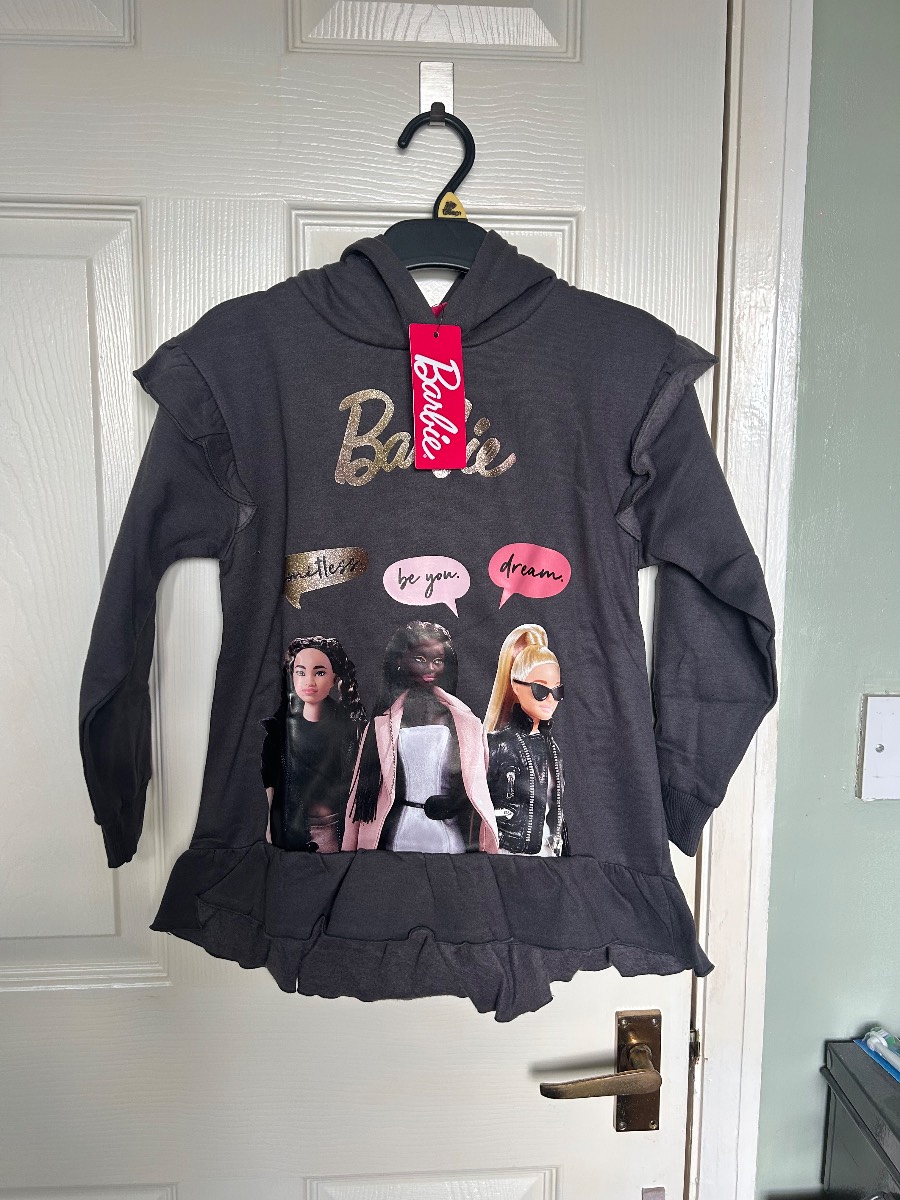 NWT Girls Barbie Hoodie Dress Charcoal Grey Ruffle Frill Sweatshirt Jumper 6-7Y