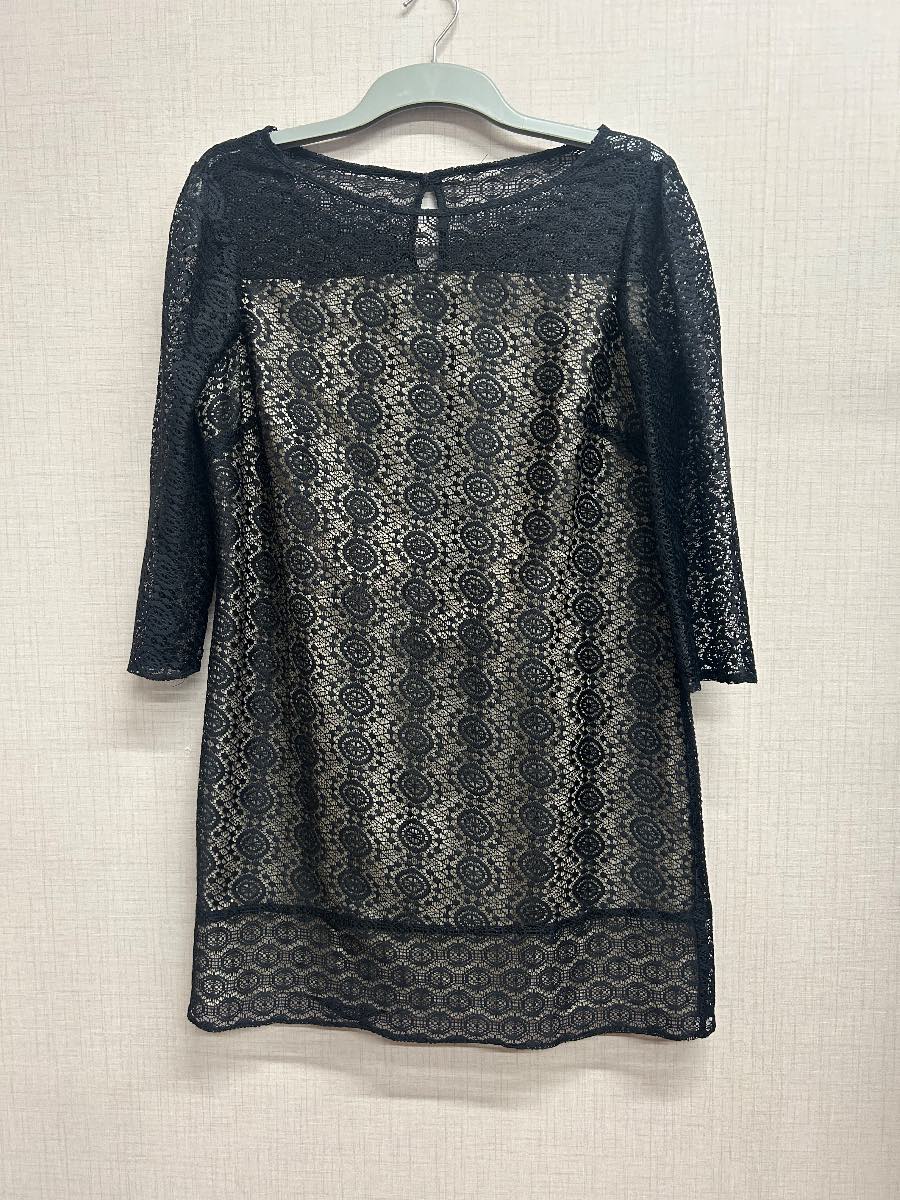 Designer Betty Jackson Black Lace Shift Dress with Nude Underlay - Size UK 14