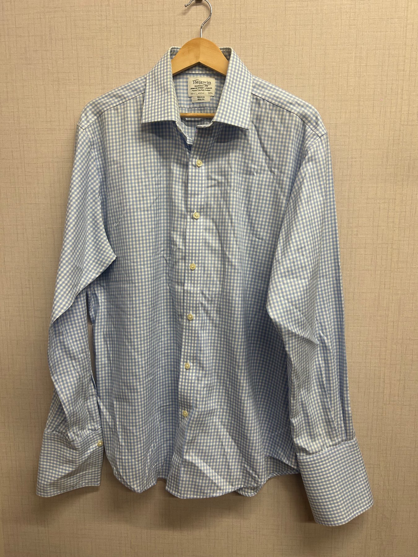 T.M. Lewin Blue Gingham Non-Iron Slim Fit Dress Shirt - French Cuffs (16.5 / 34.5)