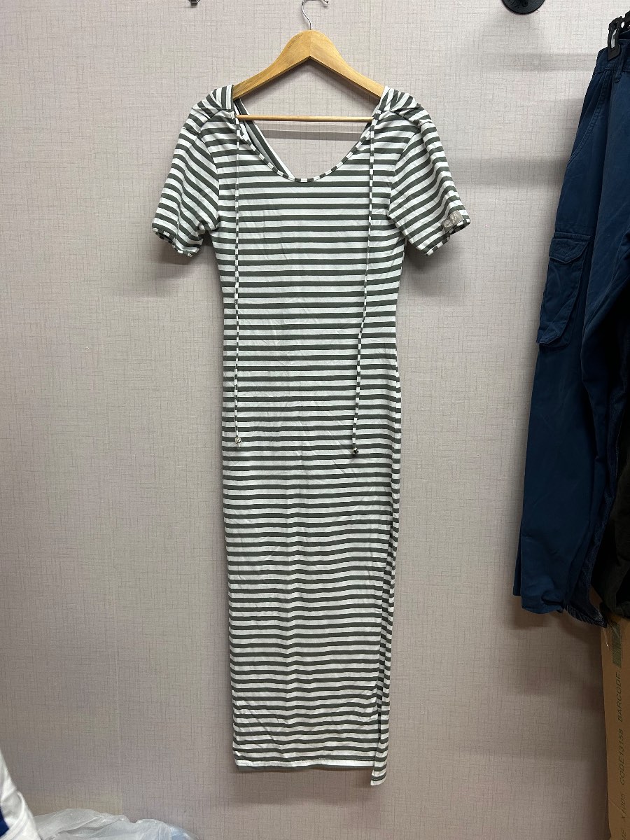 By O La La Glam Striped Olive Green Maxi Dress with side split - Size M