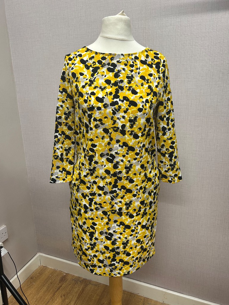 H&M Yellow & Black Abstract Print Shift Dress - Size UK 8 / EUR 36