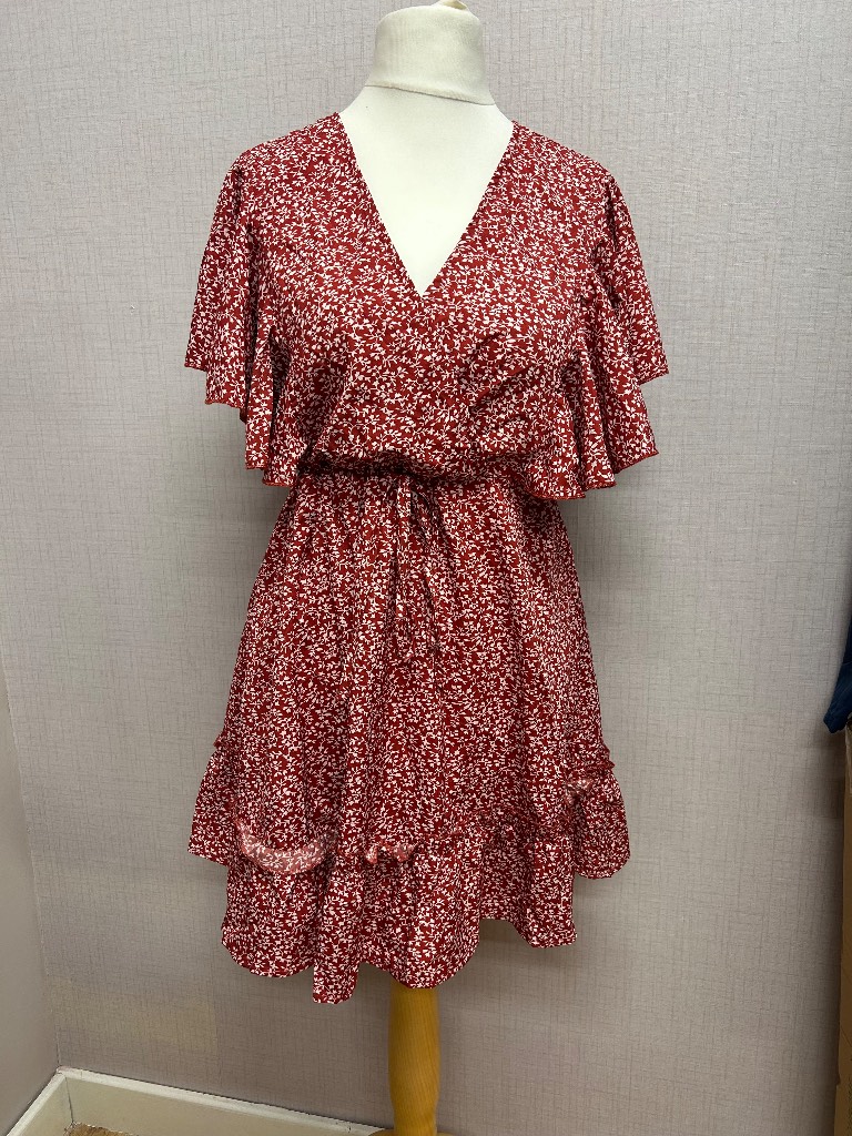 SHEIN Red & White Floral Wrap Mini Dress - Size S