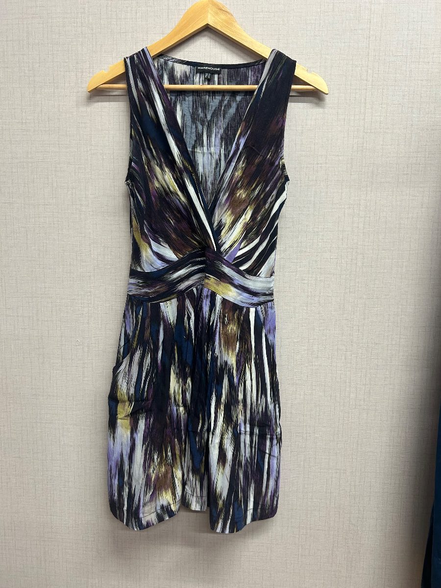 Warehouse Abstract Ikat Print Dress with Pockets - Size UK 10