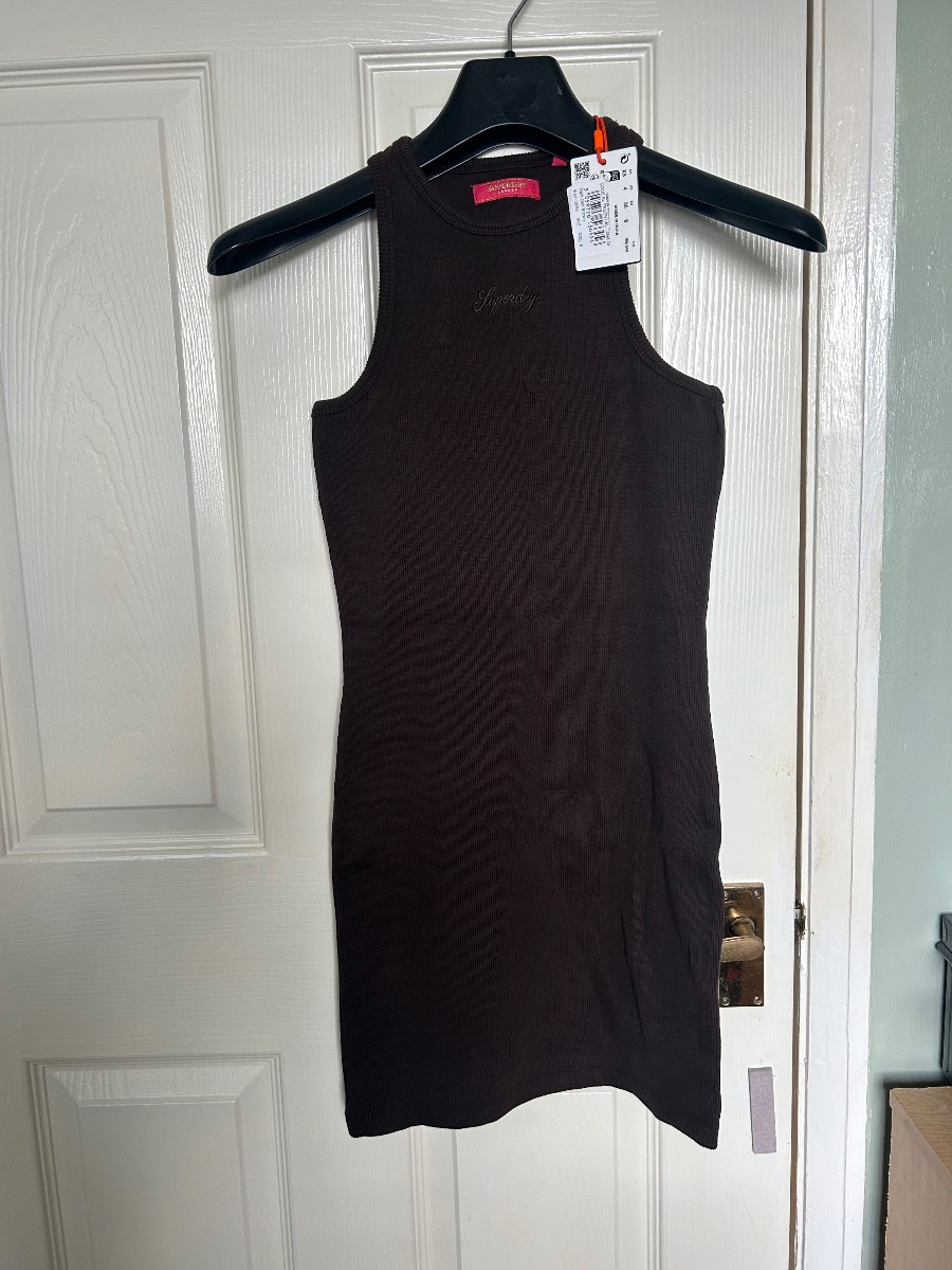 Superdry Womens Ribbed Tank Mini Dress Dark Oak Brown Size 8 XS New With Tags