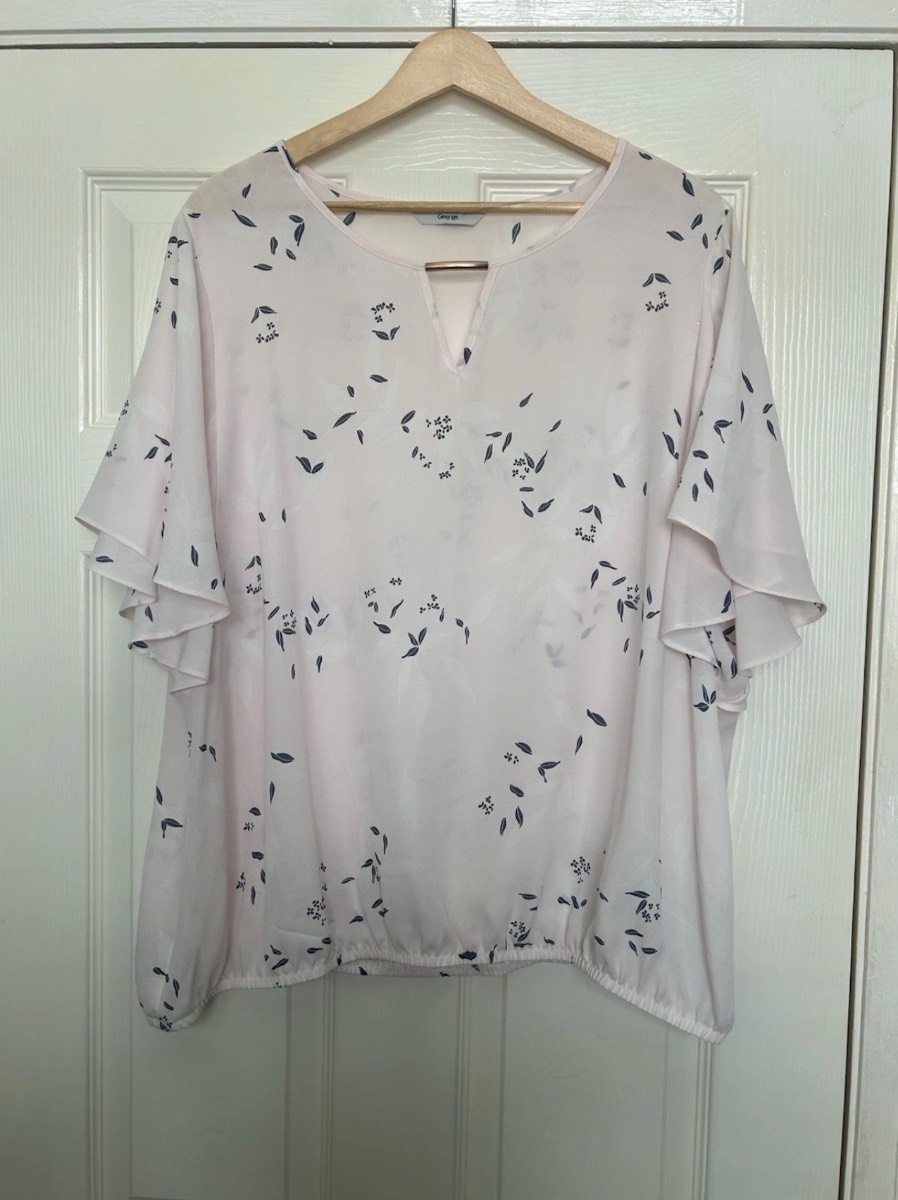 George Asda Pink Floral Top Size 20 Keyhole Metallic Bar Flutter Sleeve Blouse