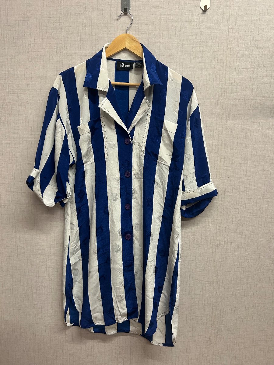 Vintage Nilani Blue White Striped Shirt Dress Oversized 80s 90s Jacquard Size 5 6 Small