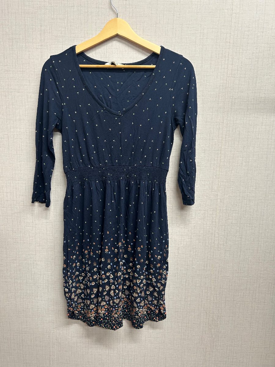 FatFace Navy Blue Ditsy Floral V-Neck Smocked Waist Dress Size UK 8 Viscose