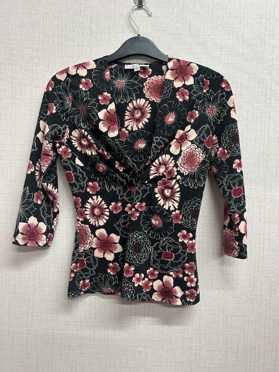 moa moa Women's Small Floral Blouse Black Pink Crossover V-Neck Top 3/4 Sleeve