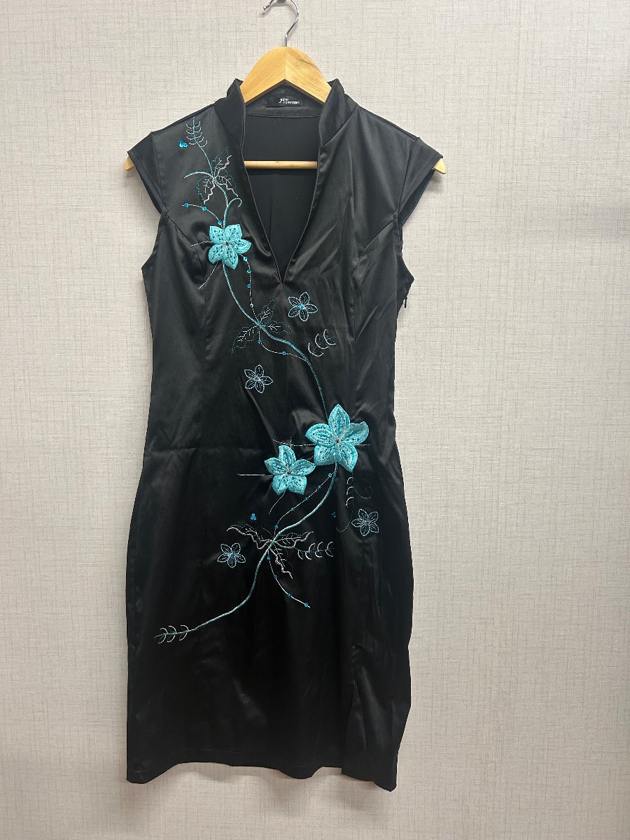 Jane Norman Black Satin Oriental Embroidered Dress - Size UK 12