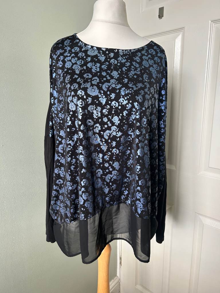 Spirit Black & Metallic Blue Foil Floral/Leopard long sleeve Top Plus Size UK 18 Chiffon Hem