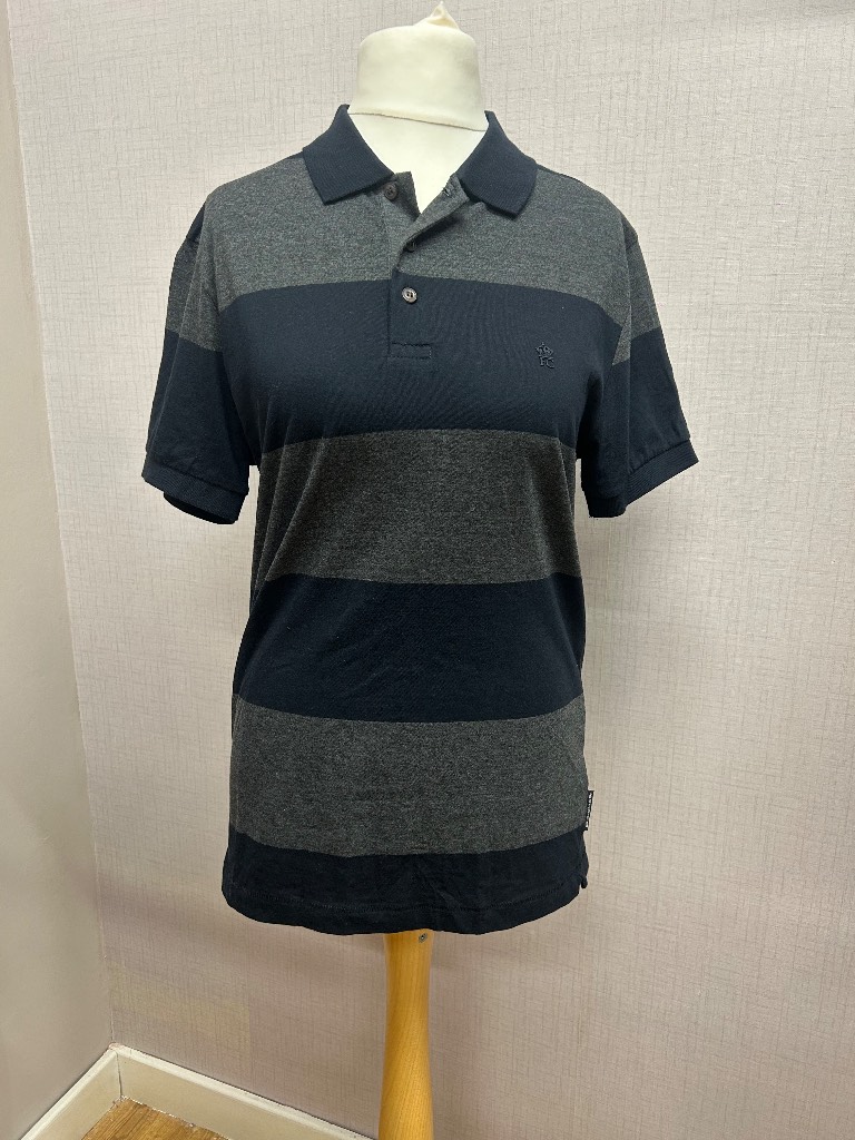French Connection Men's Striped Polo Shirt XS Navy Grey Casual Short Sleeve