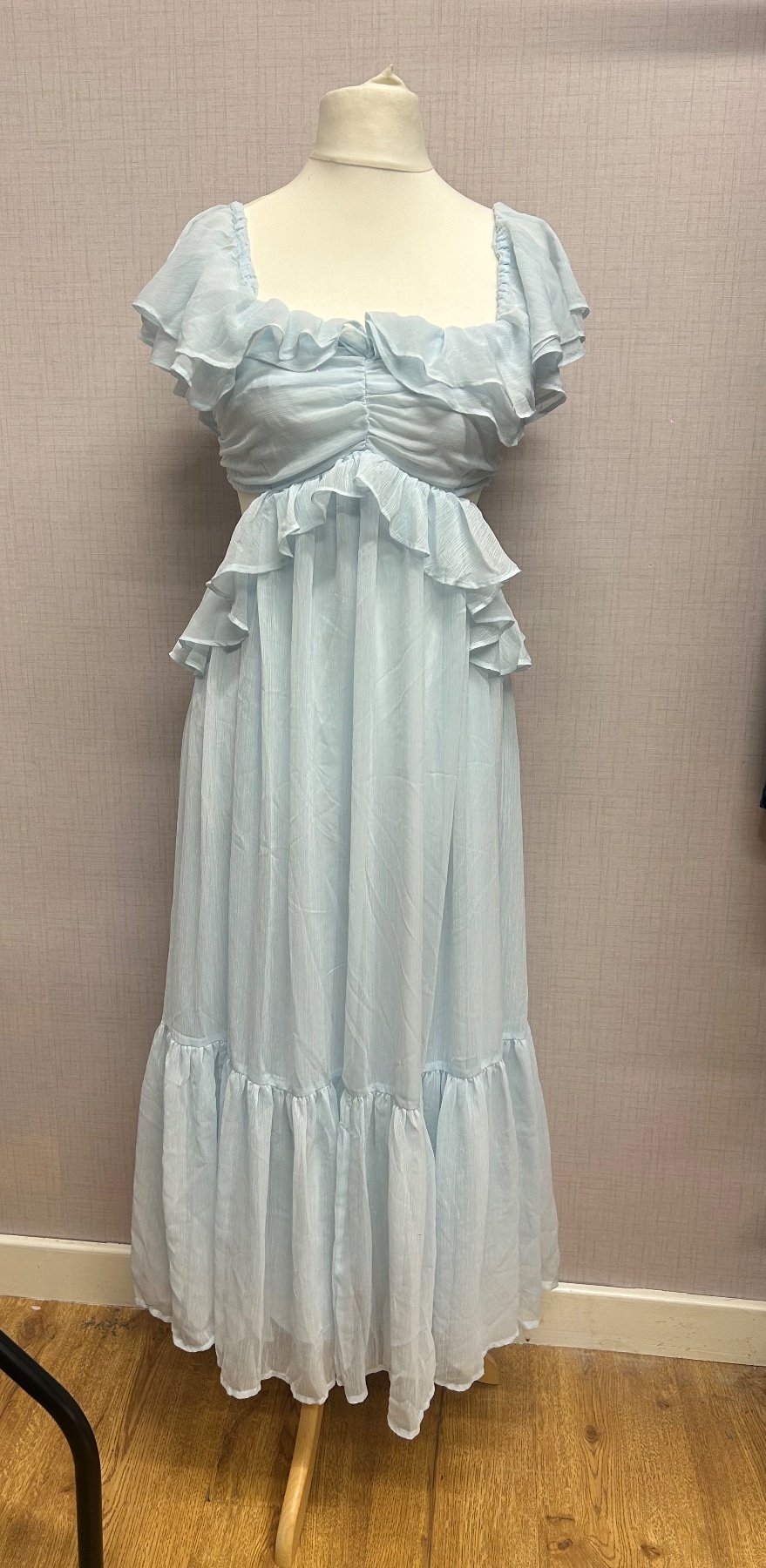 ASOS DESIGN Light Blue Ruffle Cut-Out Tiered Chiffon Maxi Dress Size UK 10 EU 38
