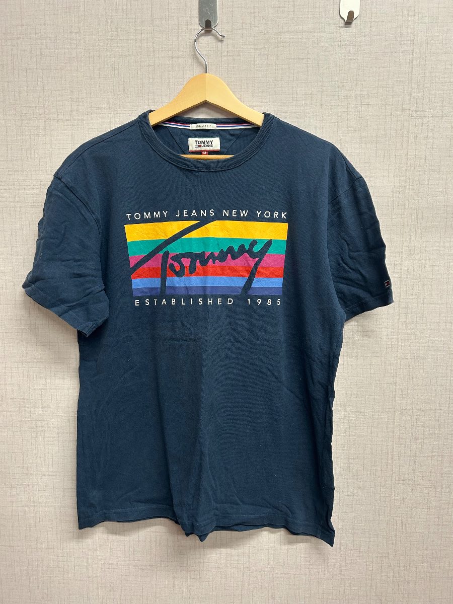 Tommy Jeans New York T Shirt Mens Medium M Navy Blue Graphic Rainbow Tee