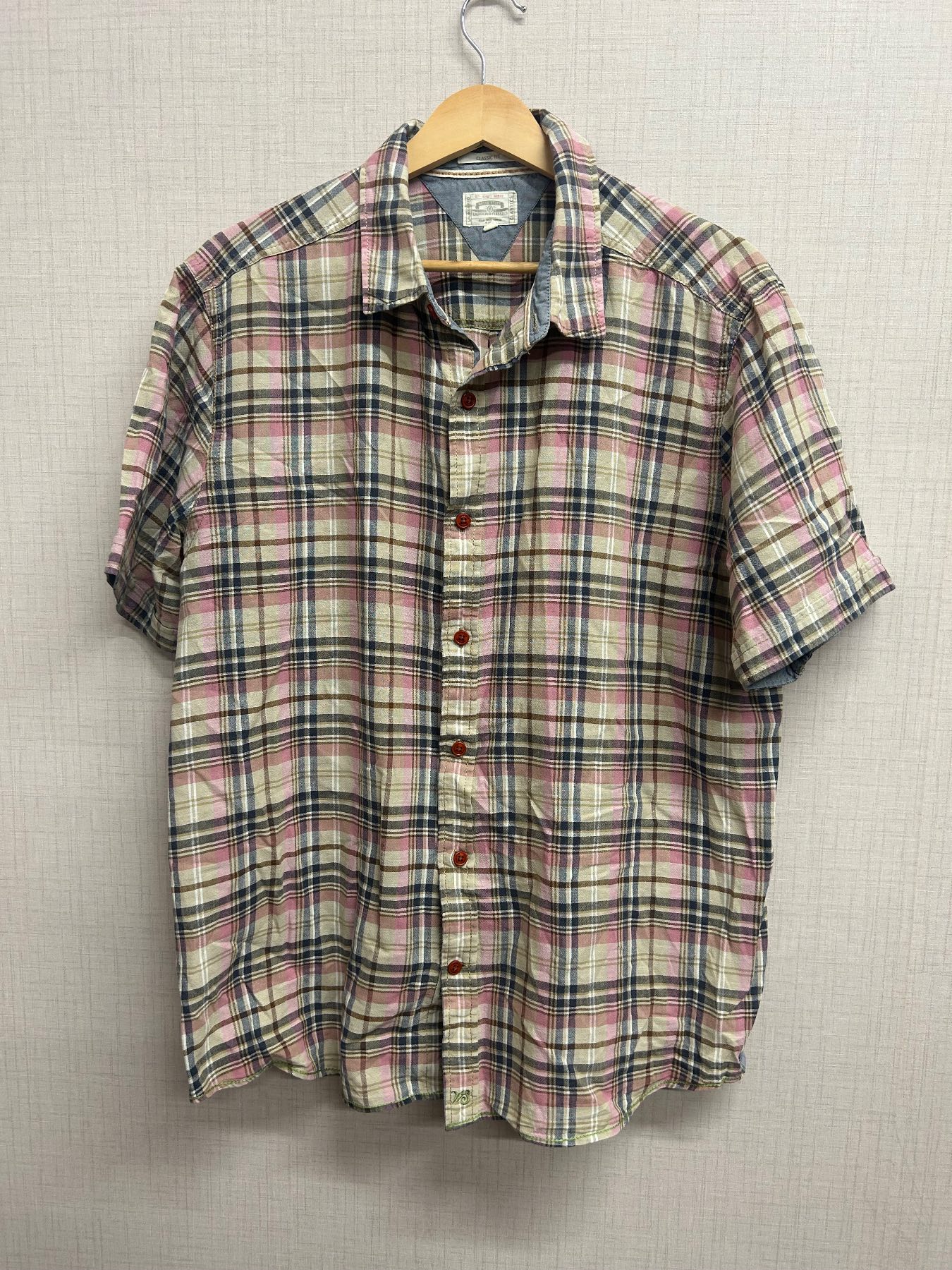 White Stuff Mens Linen Blend Short Sleeve Shirt L Plaid Check Pink Brown Classic