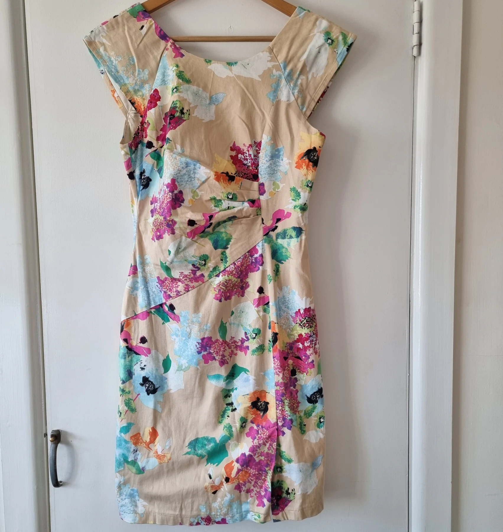 Apricot Floral Dress Size M UK 12 Peach Watercolour Ruched Sheath Cap Sleeve Occasion Midi