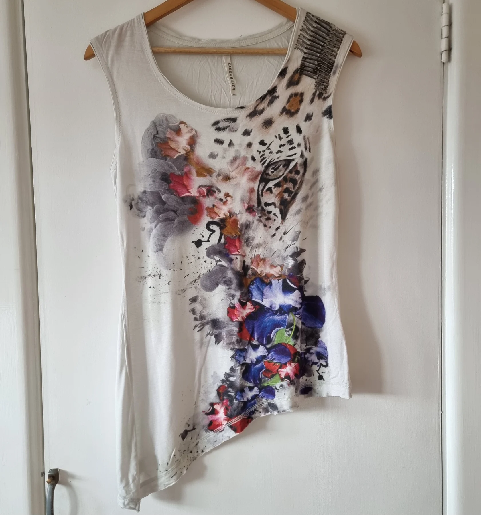 Vintage Y2K Karen Millen Asymmetric Leopard & Floral Print Sleeveless Tunic Top - UK 12